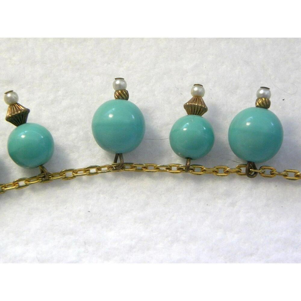 Vintage Early Miriam Haskell Turquoise Bead Necklace Pearl Gold Tone - Picture 3 of 6